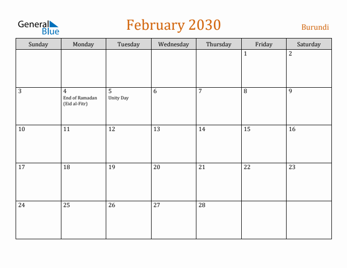 February 2030 Holiday Calendar with Sunday Start