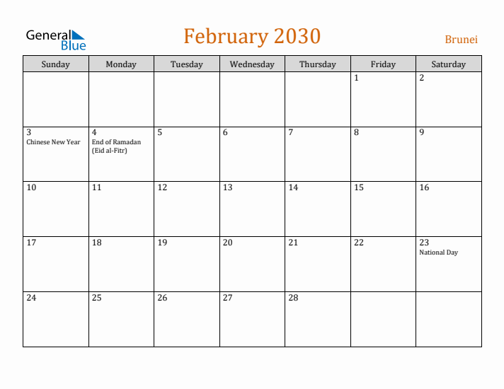 February 2030 Holiday Calendar with Sunday Start