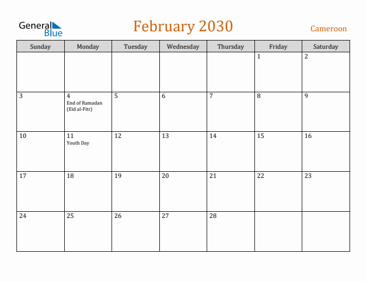 February 2030 Holiday Calendar with Sunday Start