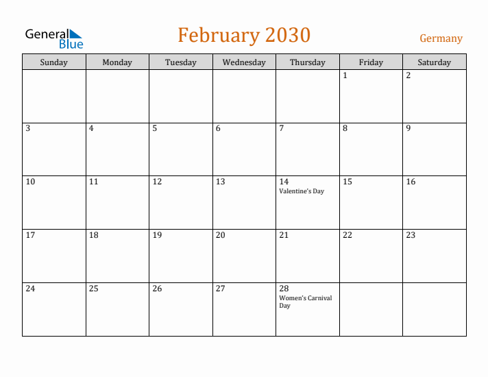 February 2030 Holiday Calendar with Sunday Start