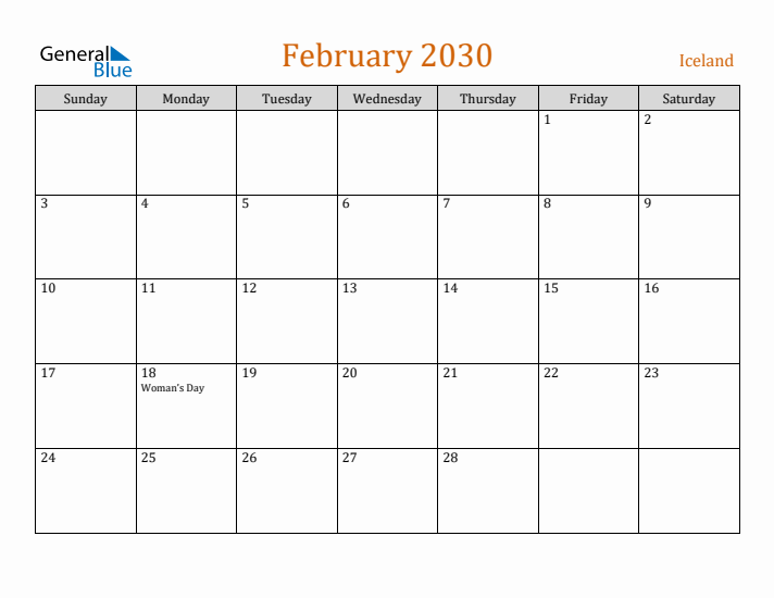 February 2030 Holiday Calendar with Sunday Start