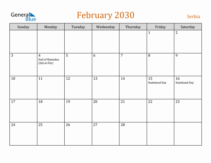 February 2030 Holiday Calendar with Sunday Start