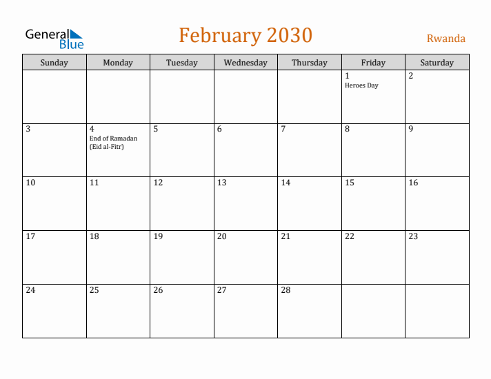 February 2030 Holiday Calendar with Sunday Start