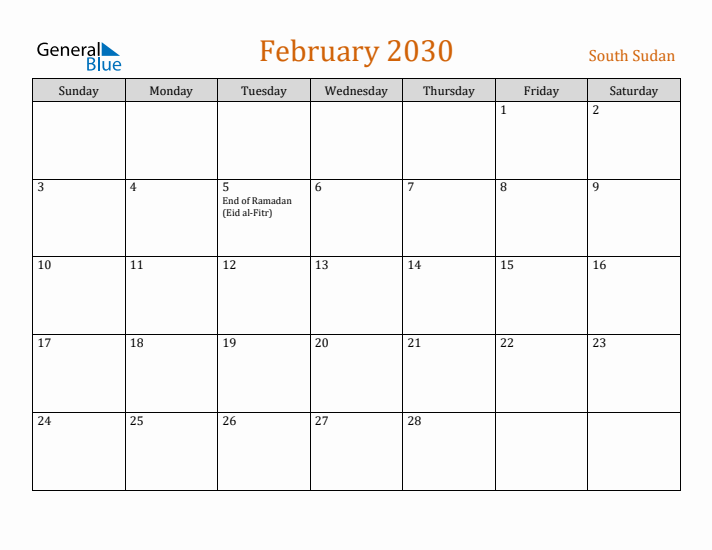 February 2030 Holiday Calendar with Sunday Start