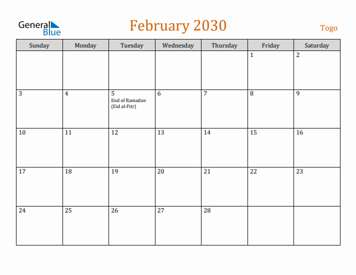 February 2030 Holiday Calendar with Sunday Start