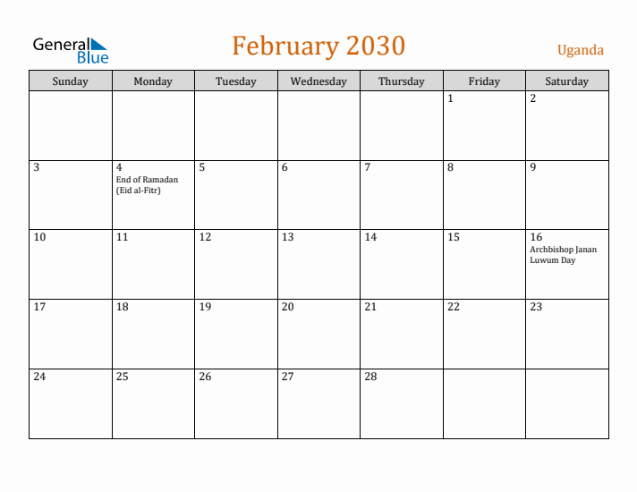 February 2030 Holiday Calendar with Sunday Start