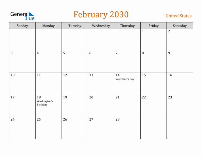 February 2030 Holiday Calendar with Sunday Start