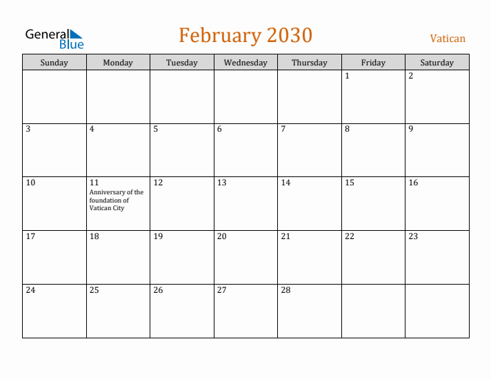 February 2030 Holiday Calendar with Sunday Start