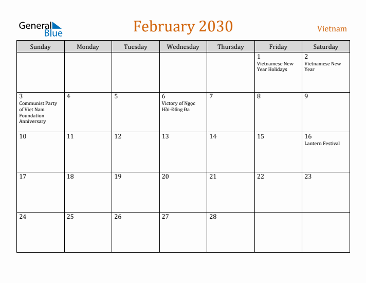 February 2030 Holiday Calendar with Sunday Start