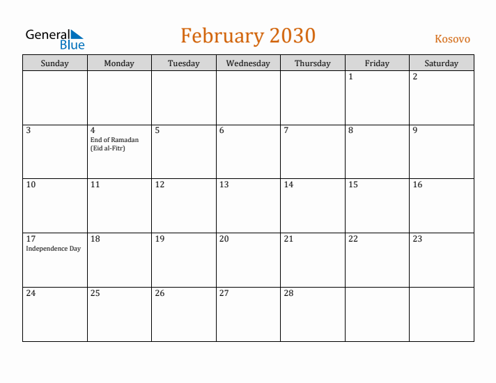 February 2030 Holiday Calendar with Sunday Start