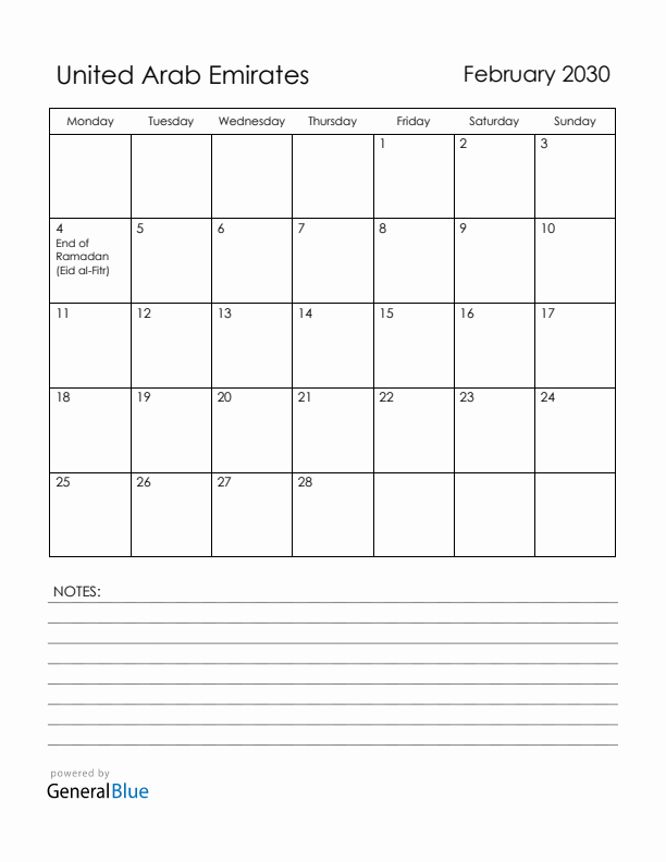 February 2030 United Arab Emirates Calendar with Holidays (Monday Start)