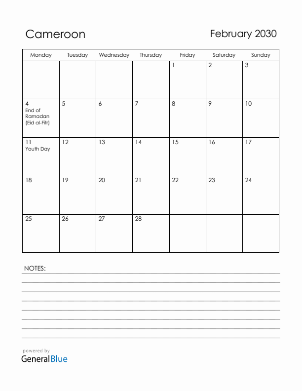 February 2030 Cameroon Calendar with Holidays (Monday Start)