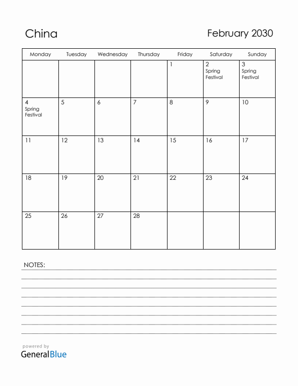 February 2030 China Calendar with Holidays (Monday Start)