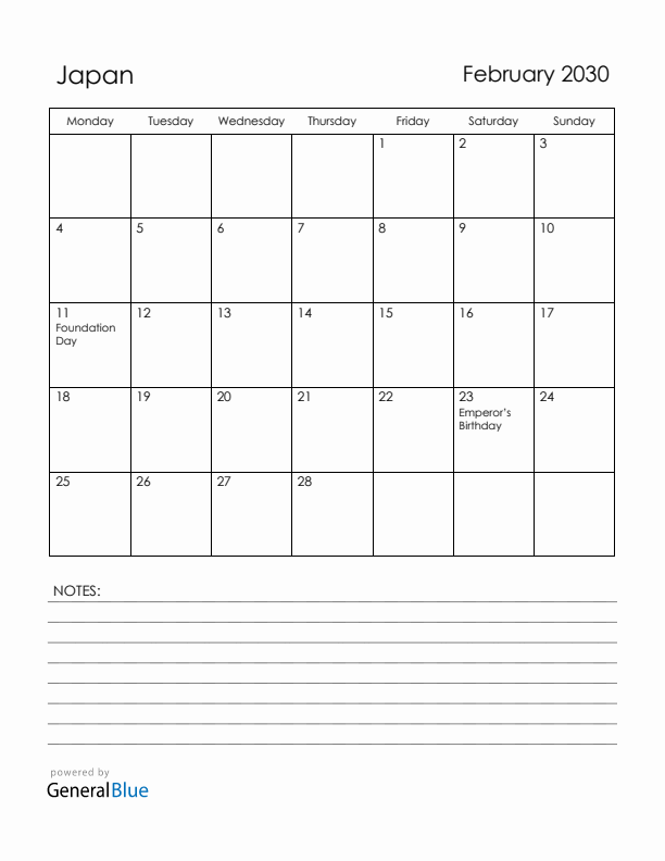 February 2030 Japan Calendar with Holidays (Monday Start)