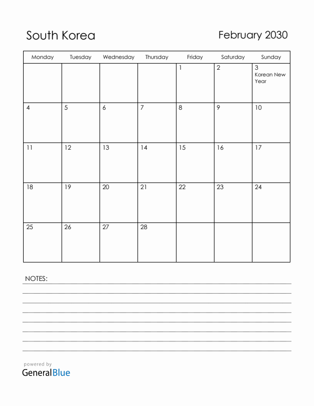 February 2030 South Korea Calendar with Holidays (Monday Start)