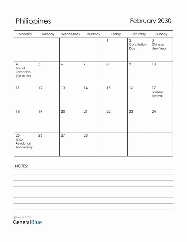 February 2030 Philippines Calendar with Holidays (Monday Start)
