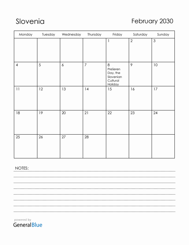 February 2030 Slovenia Calendar with Holidays (Monday Start)