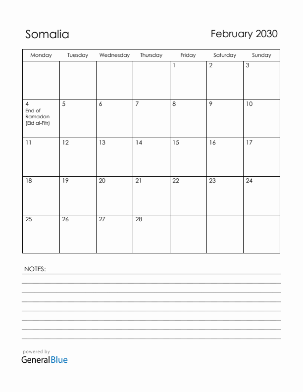 February 2030 Somalia Calendar with Holidays (Monday Start)