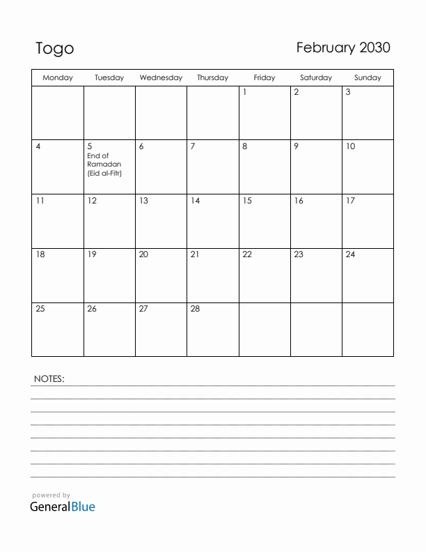February 2030 Togo Calendar with Holidays (Monday Start)