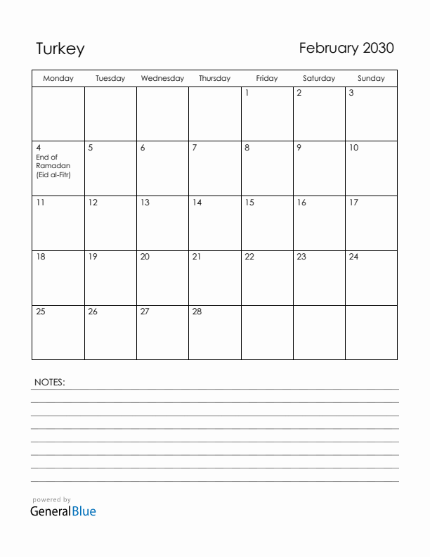 February 2030 Turkey Calendar with Holidays (Monday Start)