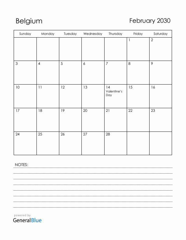 February 2030 Belgium Calendar with Holidays (Sunday Start)