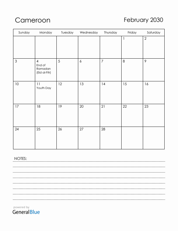 February 2030 Cameroon Calendar with Holidays (Sunday Start)