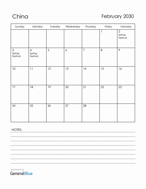 February 2030 China Calendar with Holidays (Sunday Start)