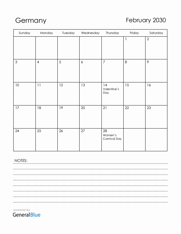 February 2030 Germany Calendar with Holidays (Sunday Start)