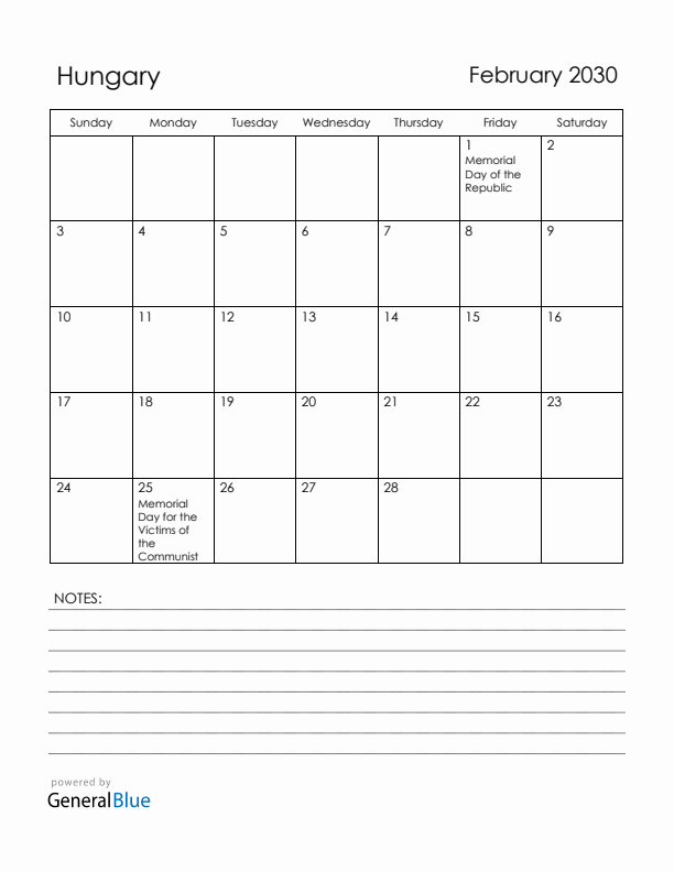 February 2030 Hungary Calendar with Holidays (Sunday Start)