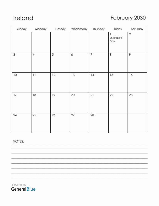 February 2030 Ireland Calendar with Holidays (Sunday Start)