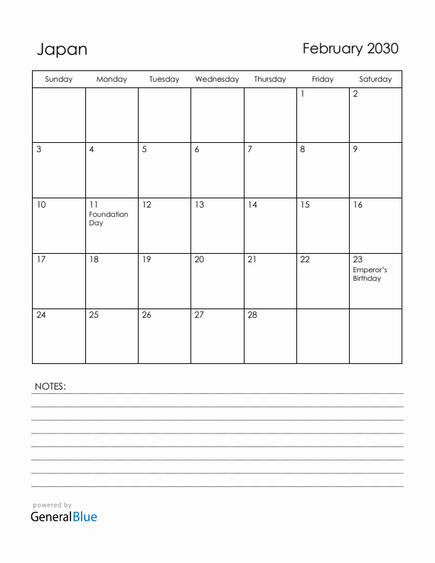 February 2030 Japan Calendar with Holidays (Sunday Start)