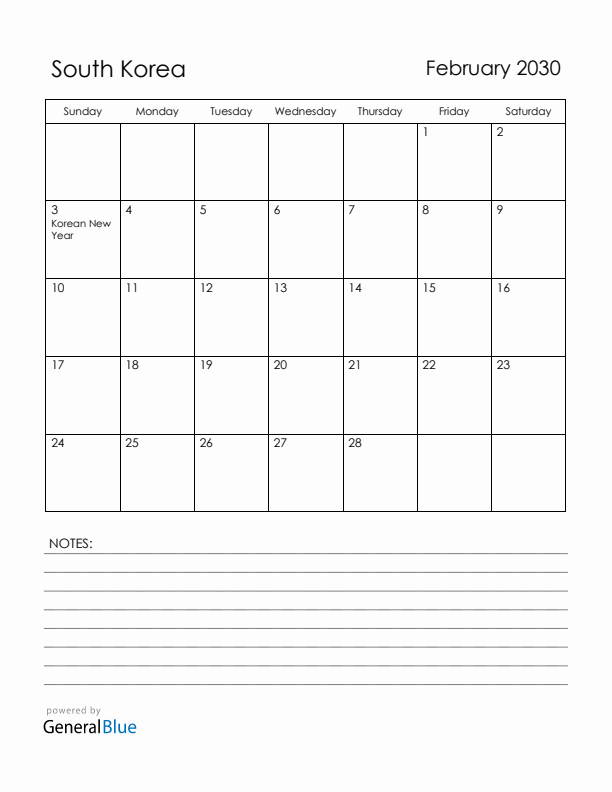 February 2030 South Korea Calendar with Holidays (Sunday Start)