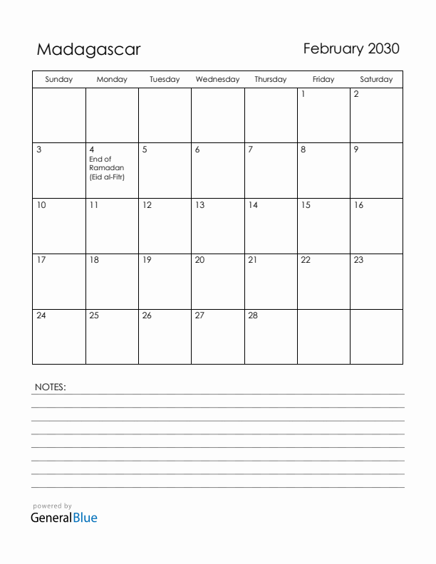 February 2030 Madagascar Calendar with Holidays (Sunday Start)