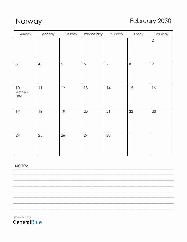 February 2030 Norway Calendar with Holidays (Sunday Start)