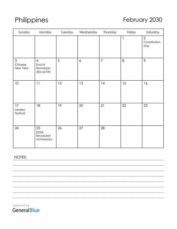 February 2030 Philippines Calendar with Holidays (Sunday Start)