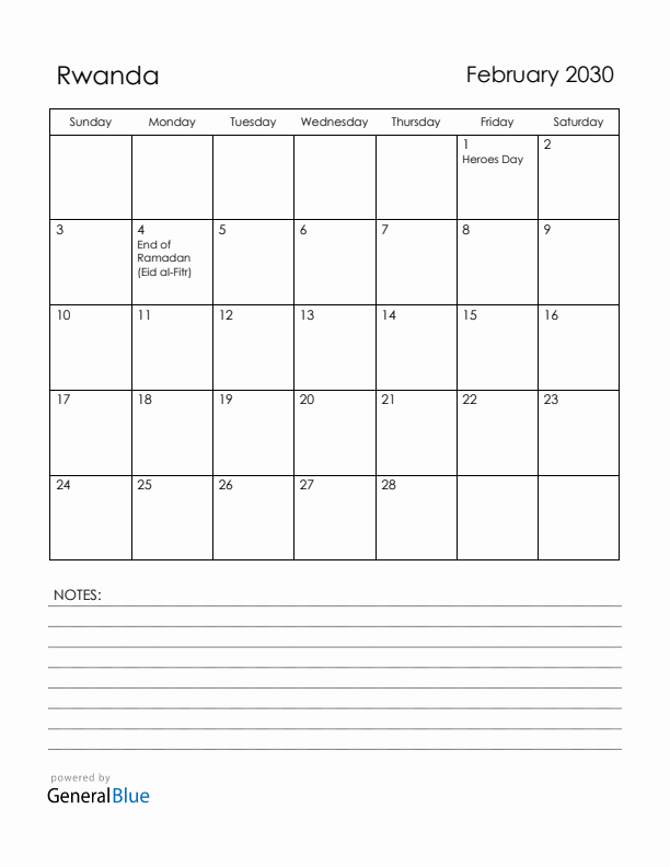 February 2030 Rwanda Calendar with Holidays (Sunday Start)