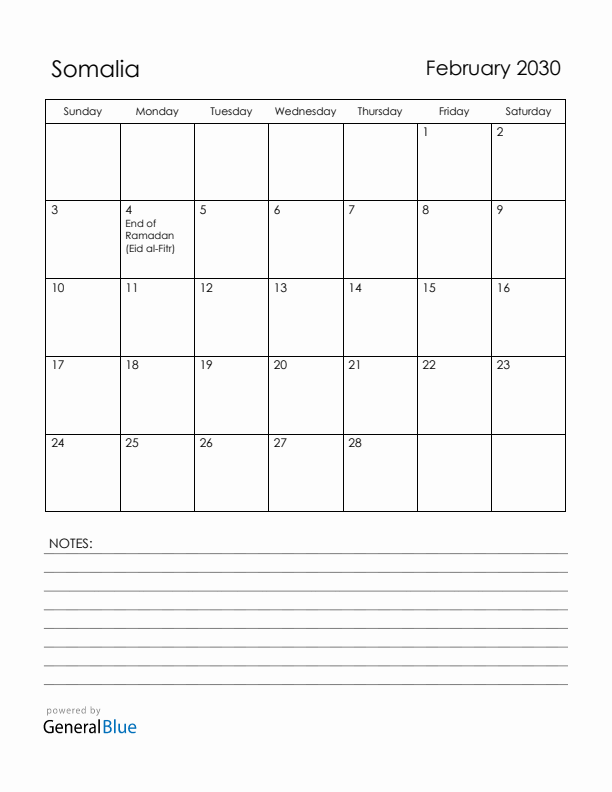 February 2030 Somalia Calendar with Holidays (Sunday Start)