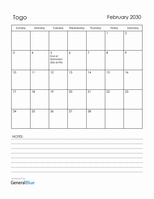 February 2030 Togo Calendar with Holidays (Sunday Start)
