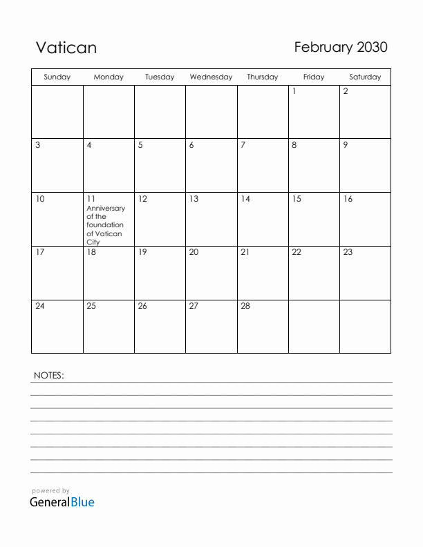 February 2030 Vatican Calendar with Holidays (Sunday Start)