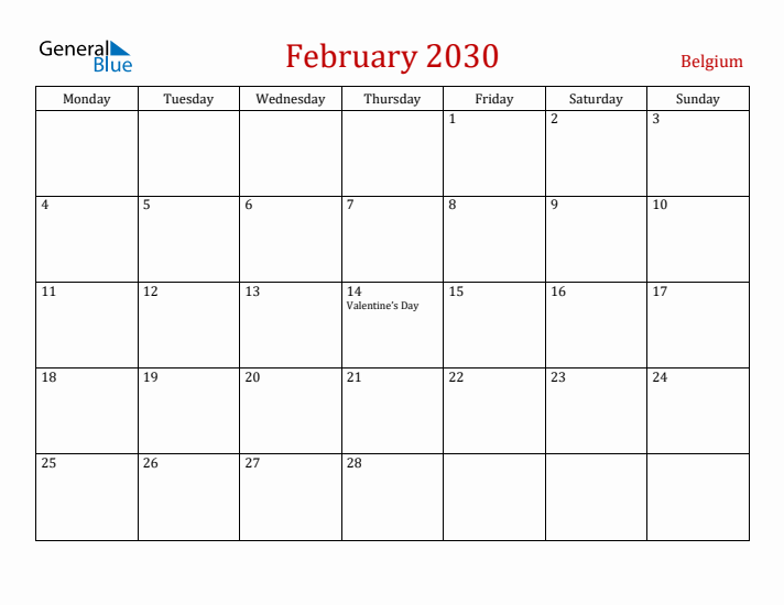 Belgium February 2030 Calendar - Monday Start