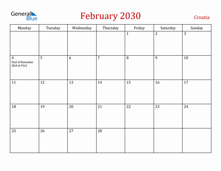 Croatia February 2030 Calendar - Monday Start