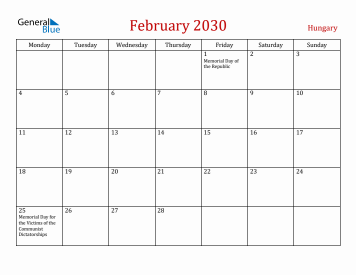 Hungary February 2030 Calendar - Monday Start