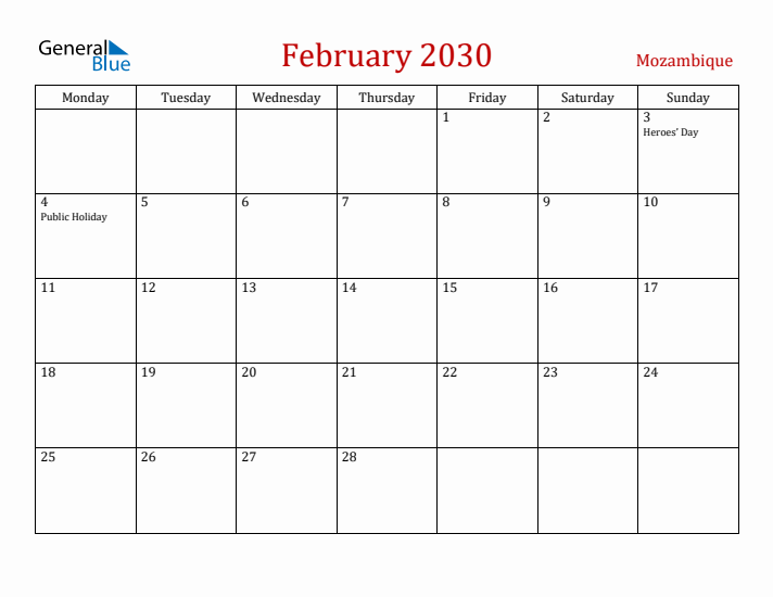 Mozambique February 2030 Calendar - Monday Start