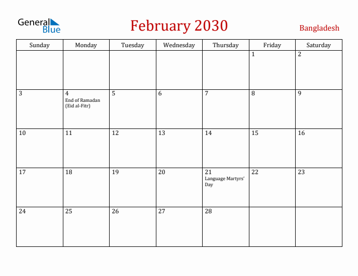 Bangladesh February 2030 Calendar - Sunday Start