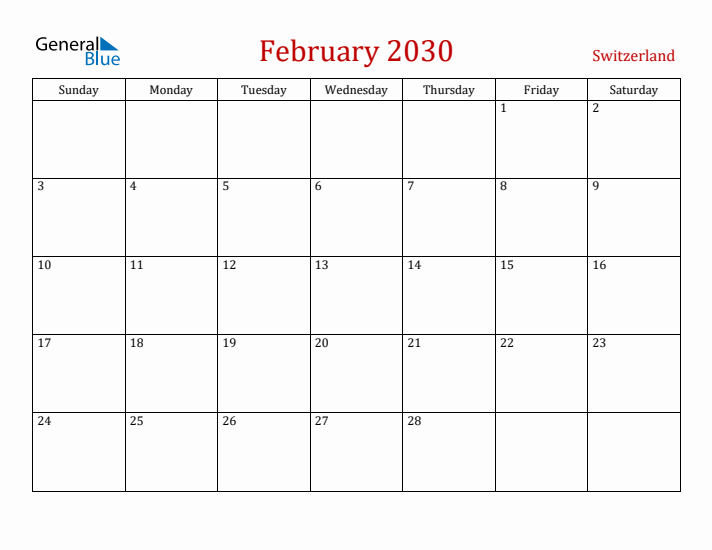 Switzerland February 2030 Calendar - Sunday Start