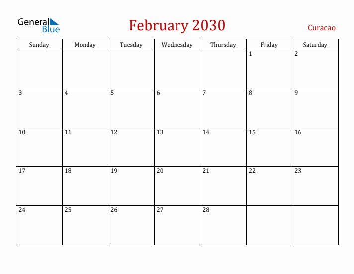 Curacao February 2030 Calendar - Sunday Start