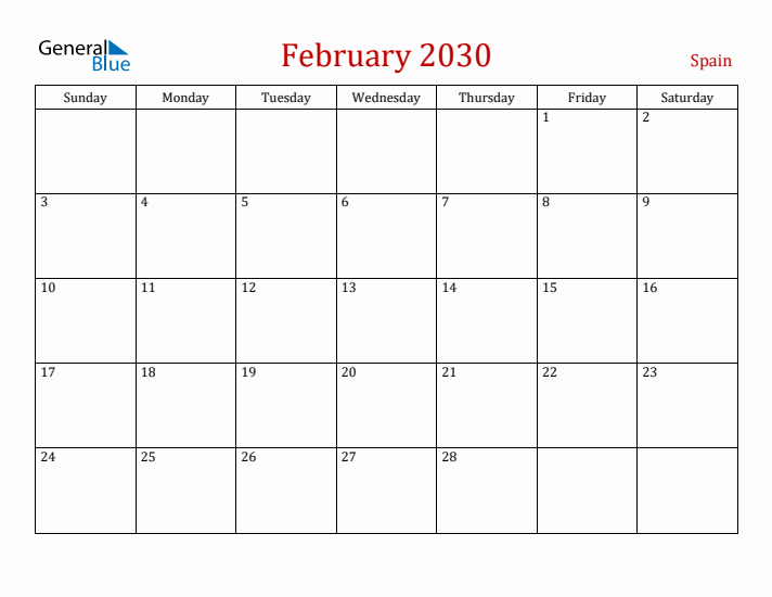 Spain February 2030 Calendar - Sunday Start