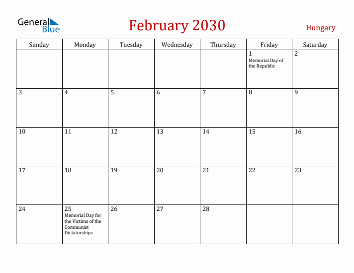 Hungary February 2030 Calendar - Sunday Start