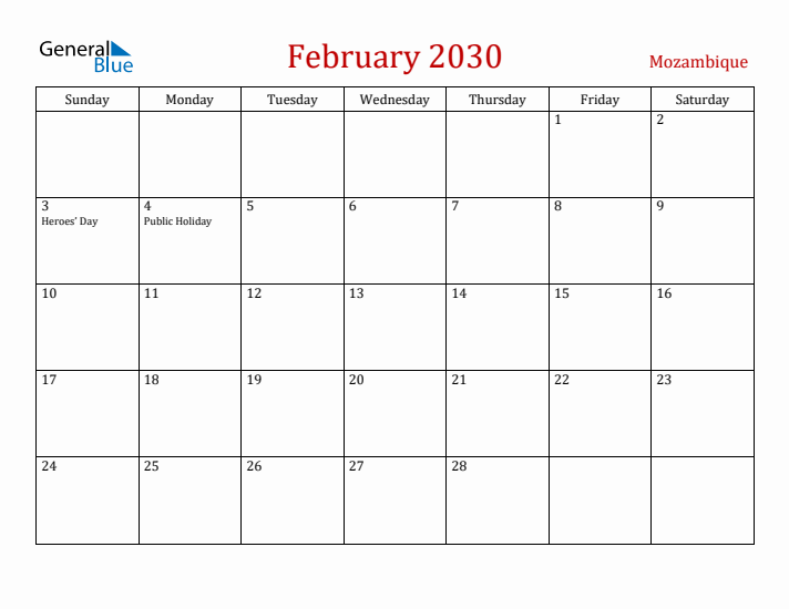 Mozambique February 2030 Calendar - Sunday Start