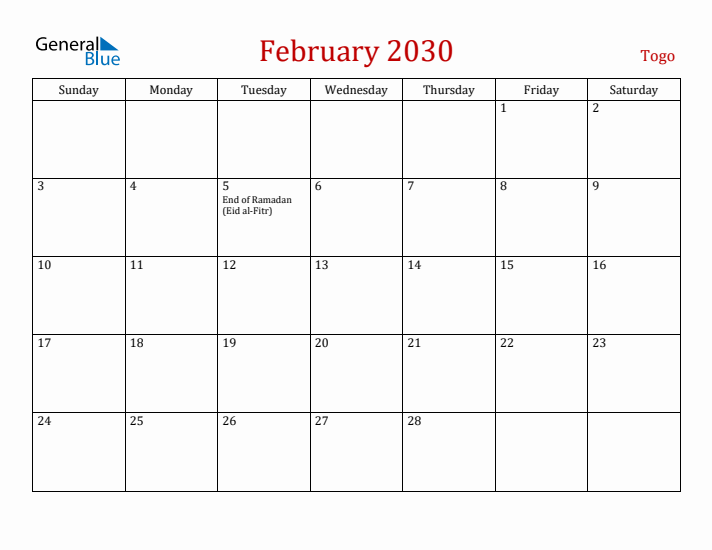 Togo February 2030 Calendar - Sunday Start